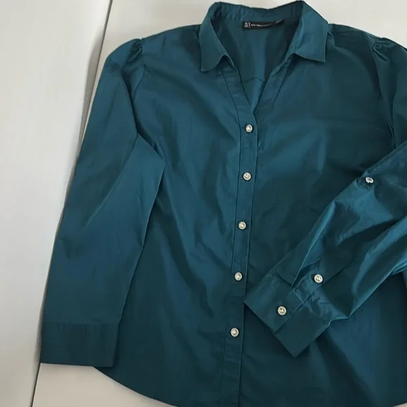 Teal Long Sleeve Blouse XXL Rhinestone Buttons Office Chic Minimalist Workwear - Picture 15 of 15